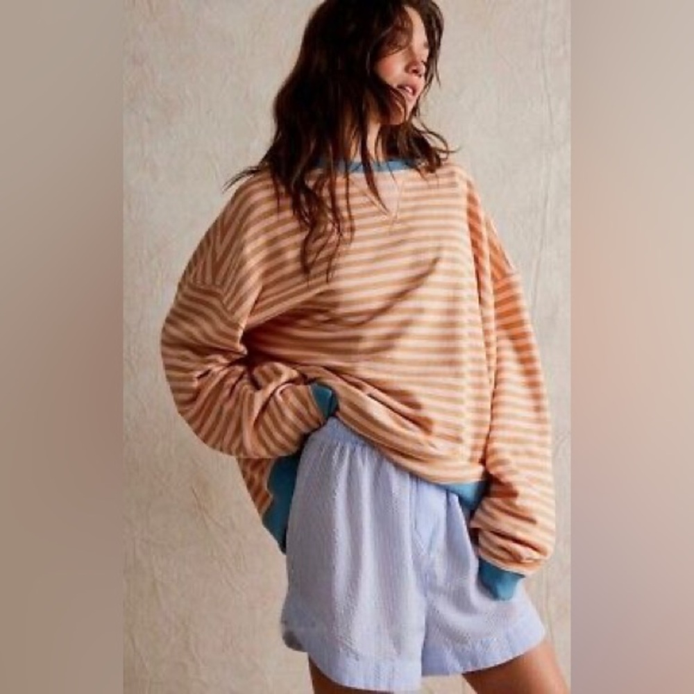 Free People We The Free Striped Crewneck Sweatshirt Latte Combo Size M